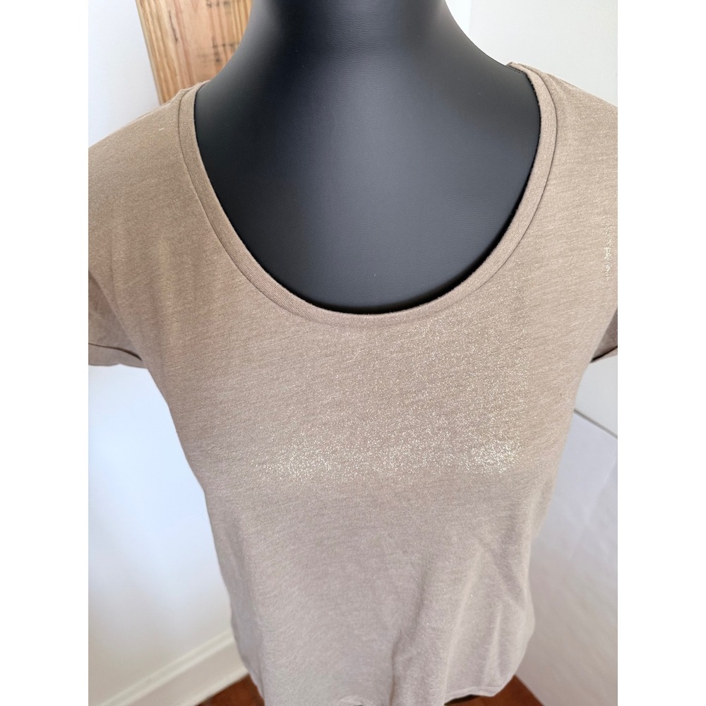 Patchington Shimmer Metallic Top Women Size Medium Taupe Gold Cuffed Sleeve D974 - Picture 2 of 6